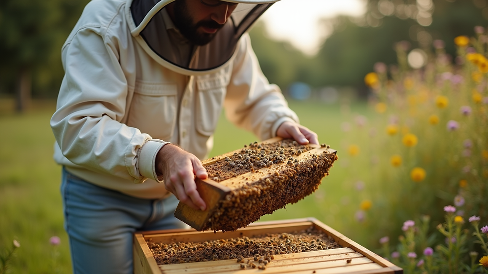 Close-up view of a beekeeper carefully relocating a bee hive in a garden
