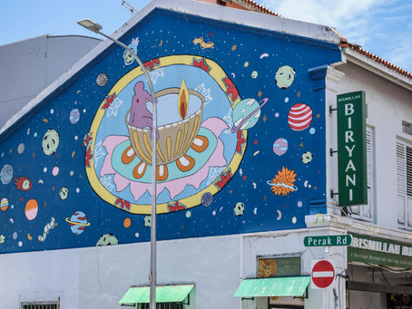 Shophouse with modern mural in Perak Rd, Singapore.