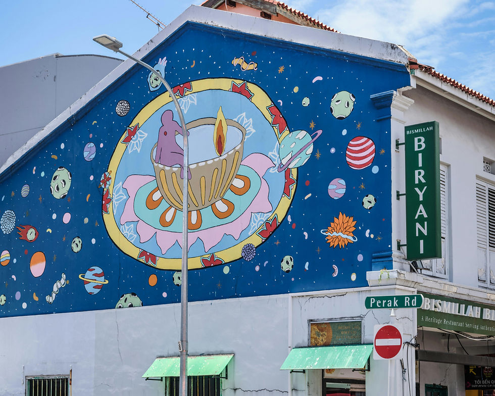 Shophouse with modern mural in Perak Rd, Singapore.