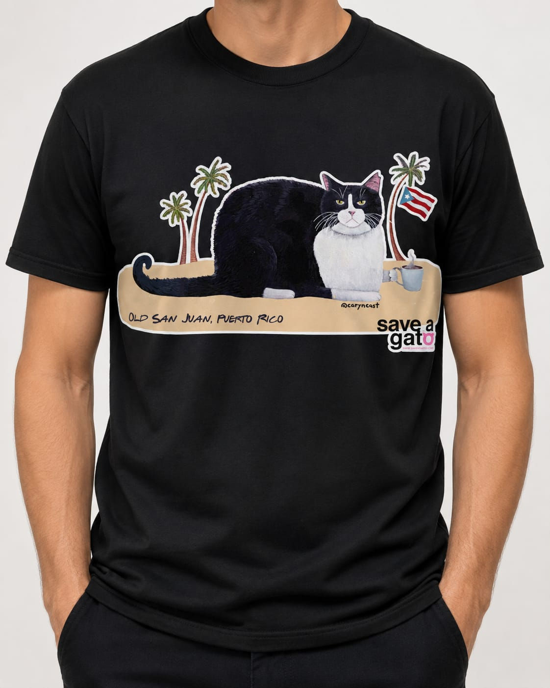 Save a Gato Buddha Cat T-Shirt -Black