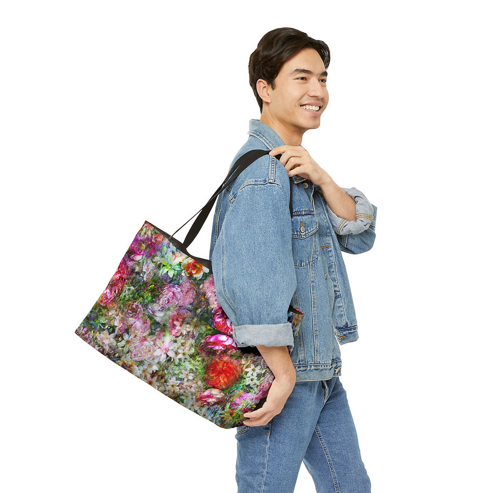 Thumbnail: Abstract Floral Pattern Weekender Tote Bag | Watercolor Roses, Pink Green Bloom