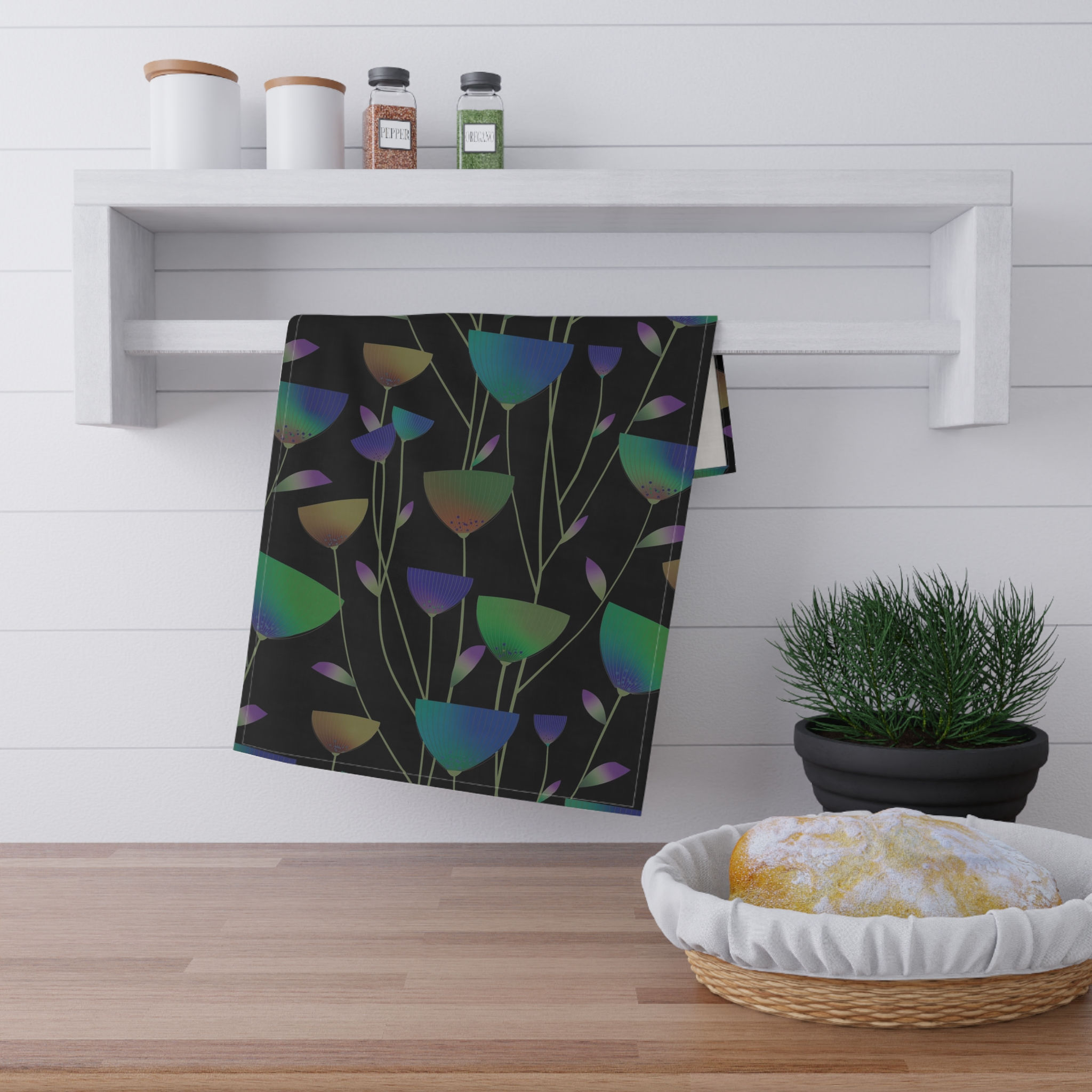 Iridescent Floral Pattern Tea Towel | Black Botanical Kitchen Linen