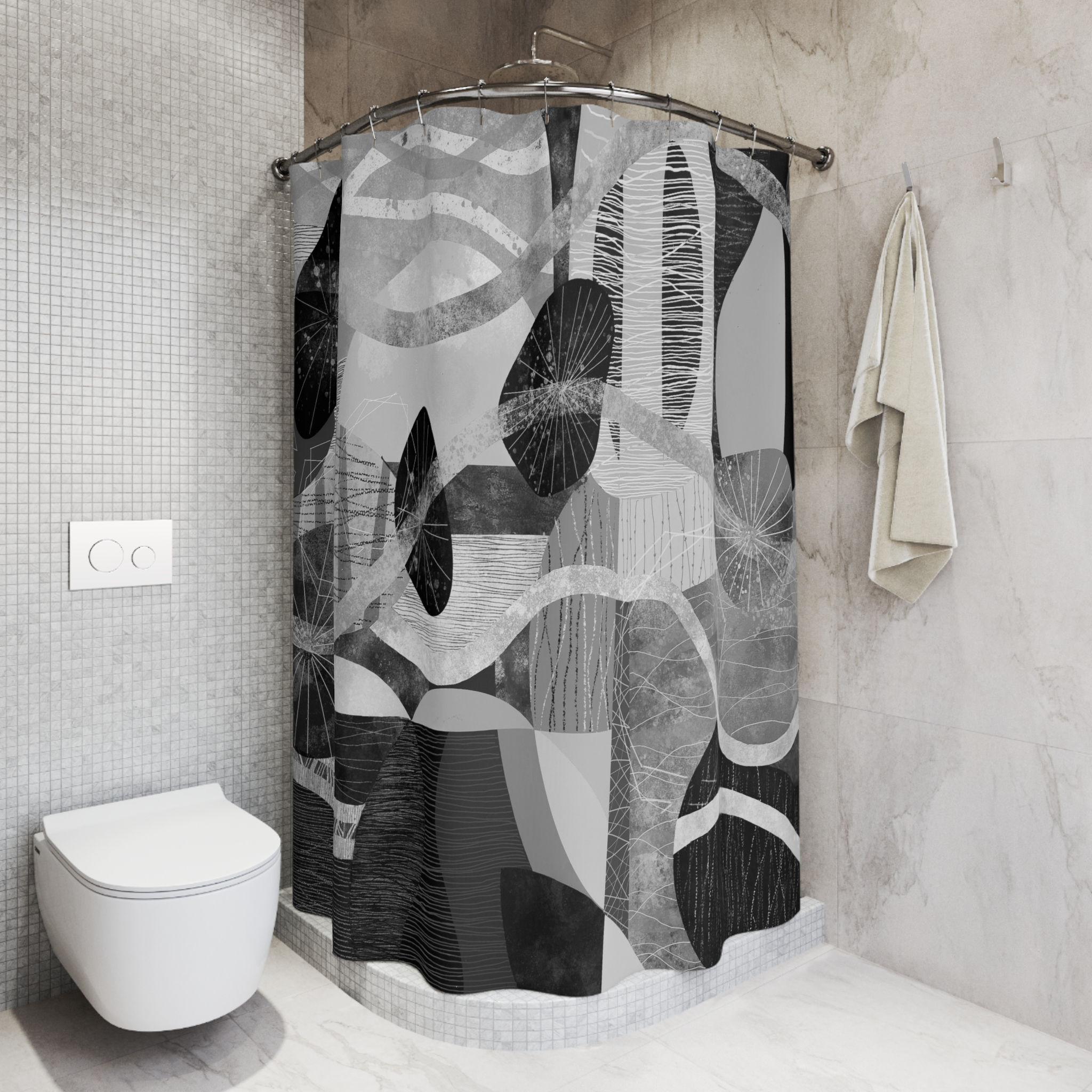 Monochrome Abstract Shapes Shower Curtain | Black White Geometric Art