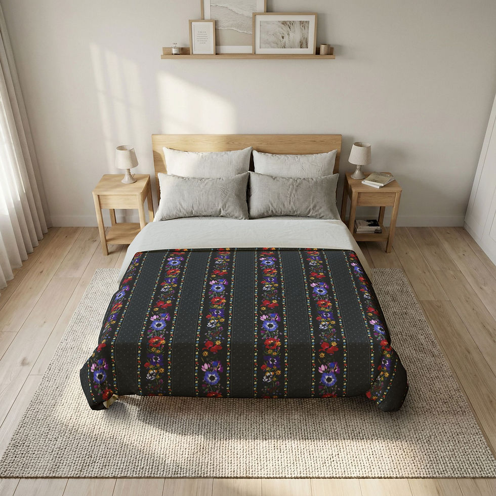 Thumbnail: Dark Floral Stripe Cotton Duvet Cover | Boho Flower Border Pattern