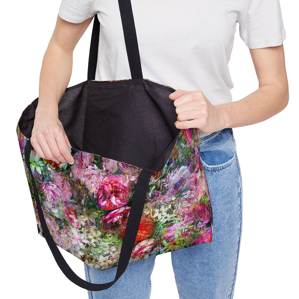 Thumbnail: Abstract Floral Pattern Weekender Tote Bag | Watercolor Roses, Pink Green Bloom