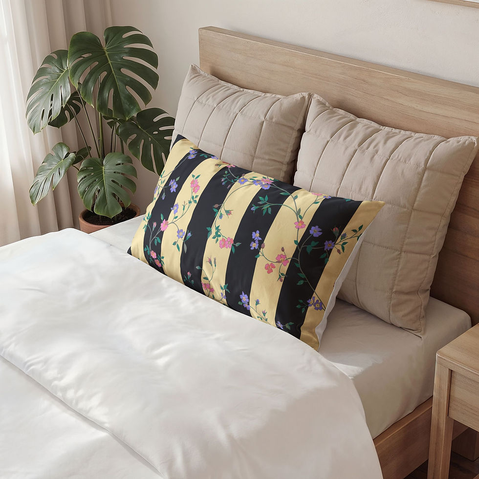 Thumbnail: Floral Stripe Pillow Sham | Black Yellow Striped Floral Pattern