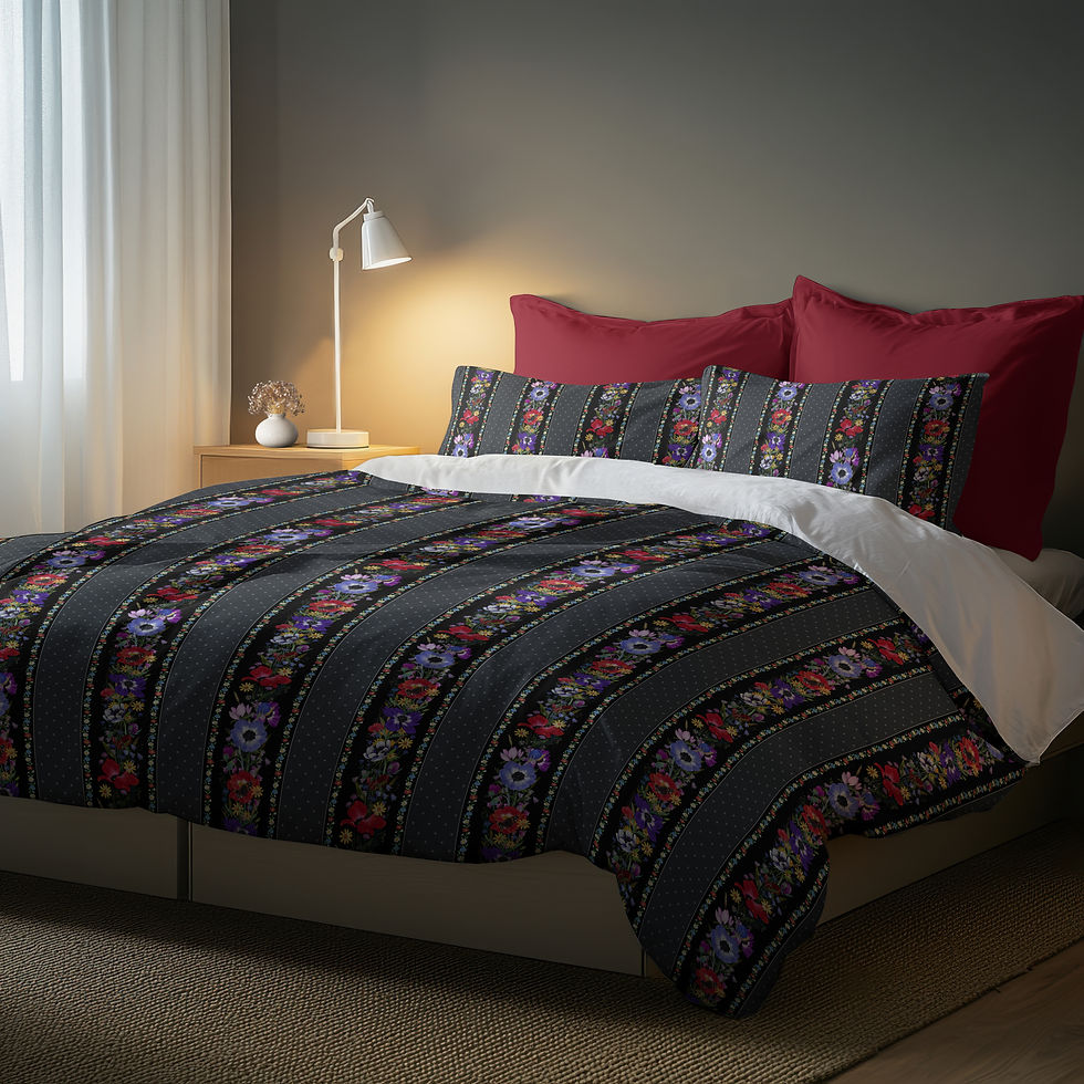 Thumbnail: Dark Floral Stripe Cotton Duvet Cover | Boho Flower Border Pattern