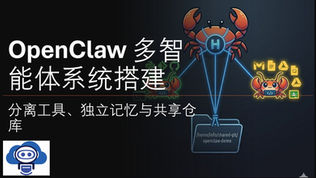 OpenClaw 多智能体架构示意图：展示独立工具、记忆与共享仓库，深色背景卡通风格。