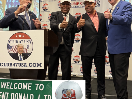 The MAGA Mall President Ronald Solomon presented Civil Rights Attorney Leo Terrell and Conservative Journalist David Webb with his company’s custom-made Club 47 USA caps at the Club 47 USA meeting