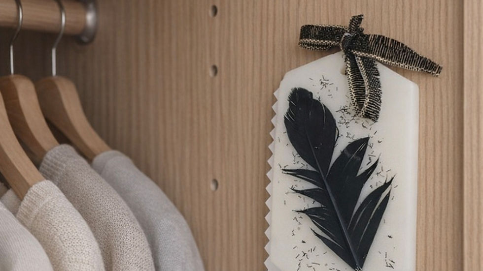 A Moonlight Desire soy wax wardrobe freshener elegantly attached inside a wardrobe, adding a touch of sophistication and a subtle fragrance to the neatly organized space.