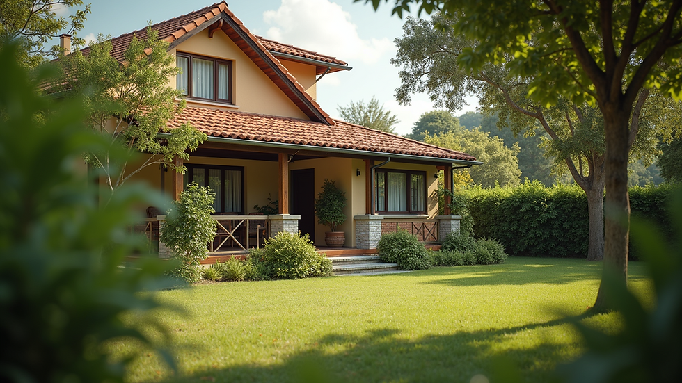 Vista de una casa acogedora con un jardín bien cuidado