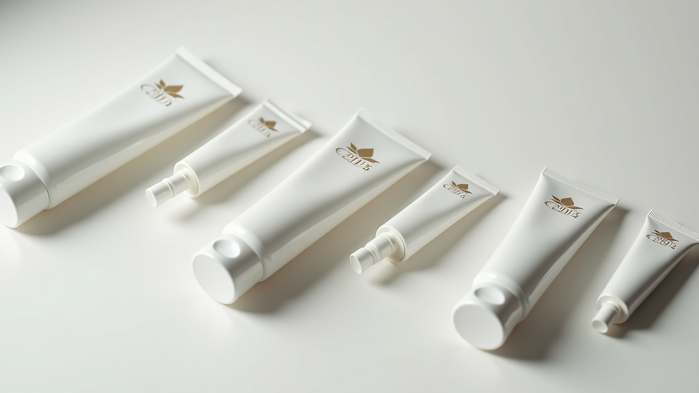 Eye-level view of various CBD cream tubes arranged on a white surface