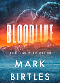 Cover of book "Bloodline" showing a mountain range and a bright orange sunet.