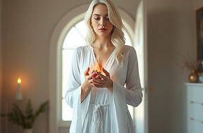 A YOUNG WOMEN WITH BLONDE HAIR DRESSED IN WHITE DOES A SPIRIT CLEANSING IN A HOUSE ORANGE