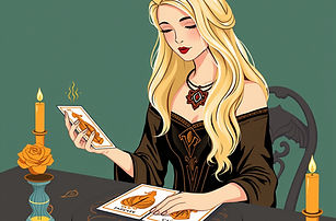 A blonde woman leading a tarot reading with a orange, white, black, gold.jpg