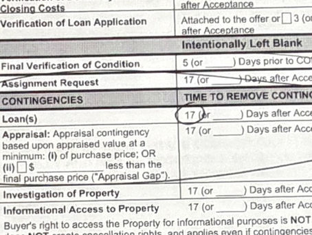 Close-up of a purchase agreement contingency table with the 17-day loan contingency circled