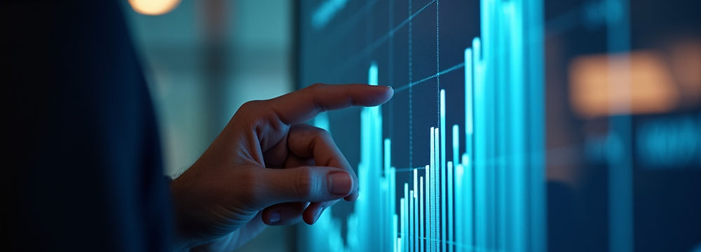 Person pointing to a data wall showing stats