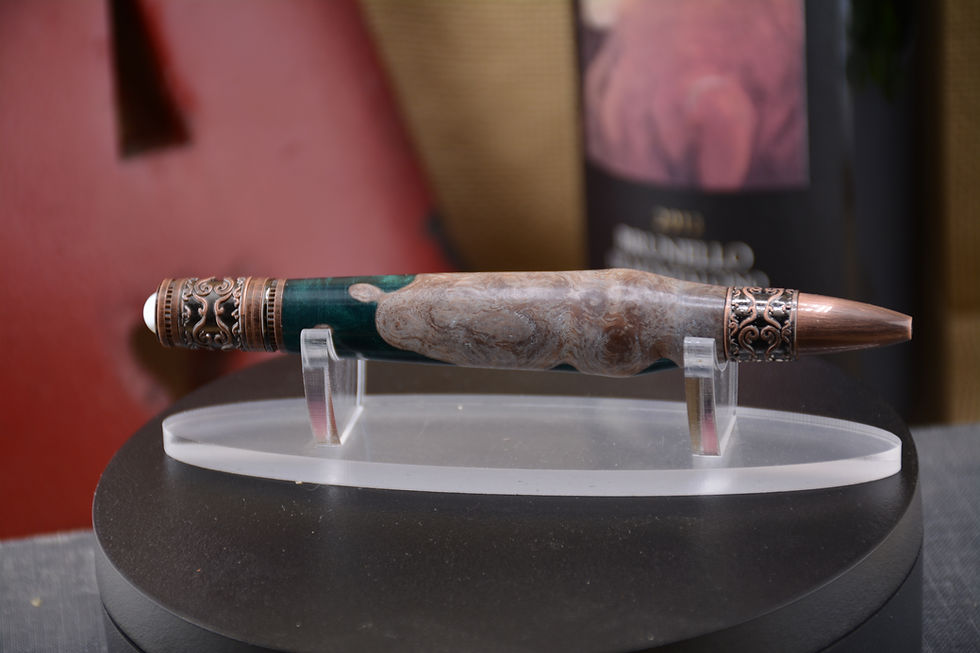 Thumbnail: Ornate Pearl Pen - Chechen Burl / Green Epoxy - Copper