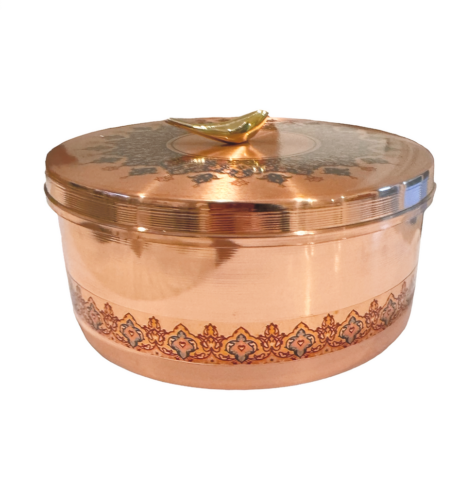 Thumbnail: Toranj Handcrafted Copper Round Dish with Aamen Bird Lid "Medium"