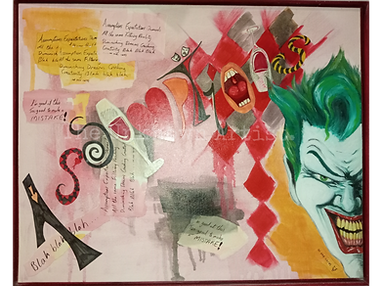 pinkish background with assumptions written across and the joker face on the left hand side grinning menacingly