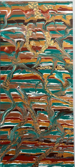 Green, orange, white and gold colours spill against each other