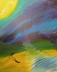 silhouetted figure walking head down into an abstract stormy landscape