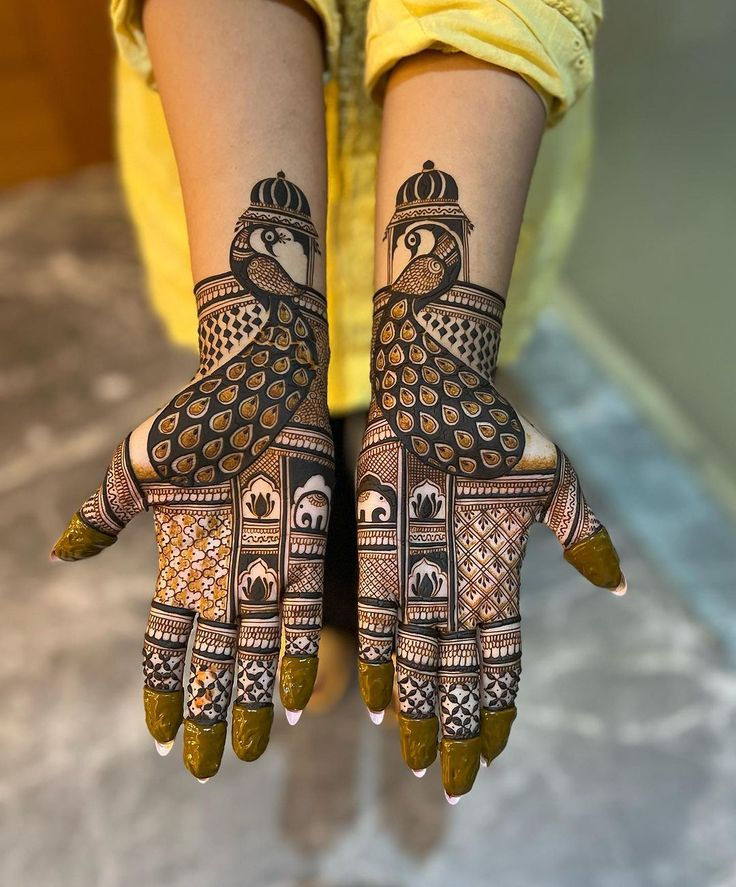 wedding mehndi design with peacocks on both hands