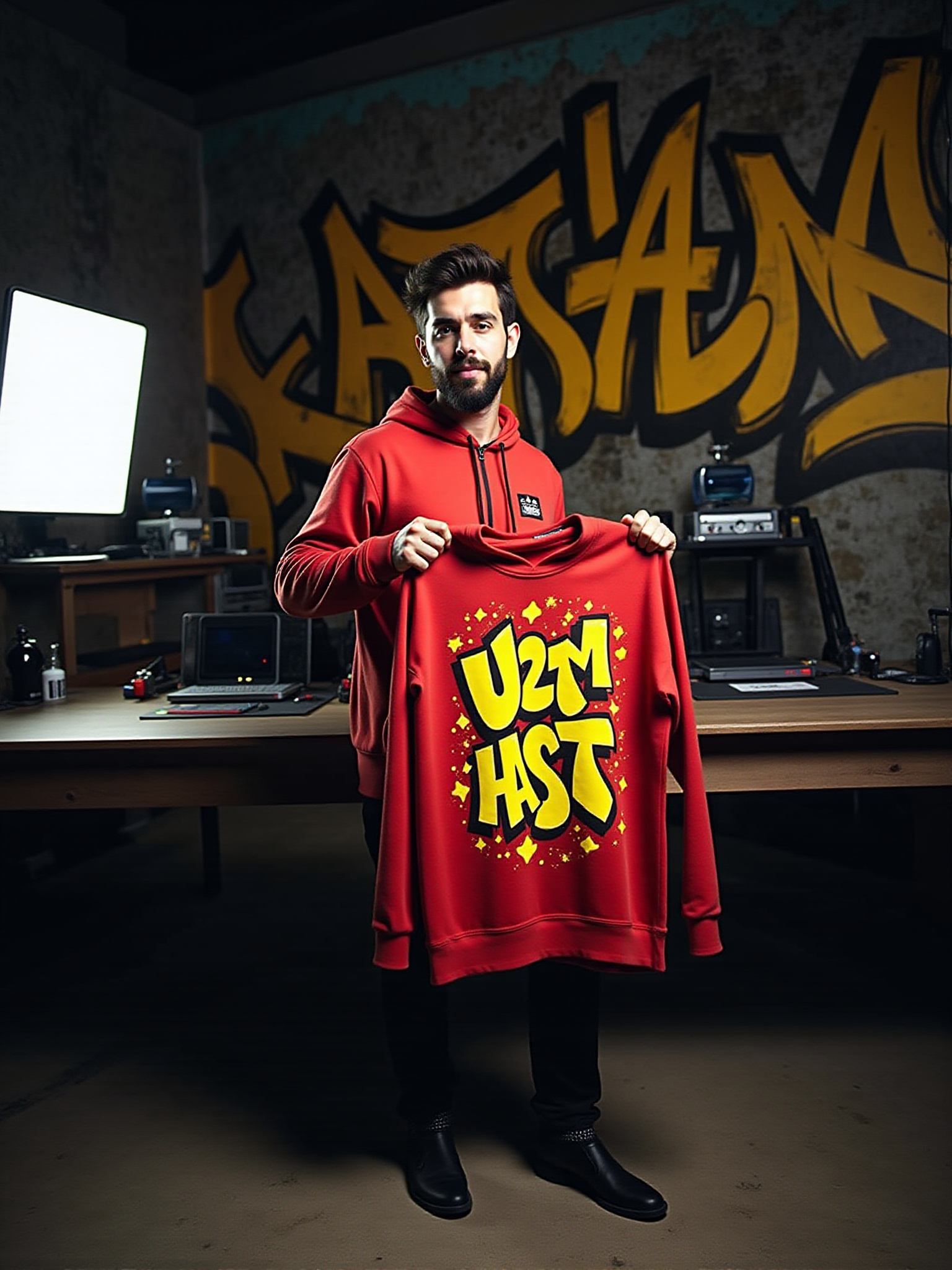 Man in red hoodie holds red shirt with yellow design in front of graffiti