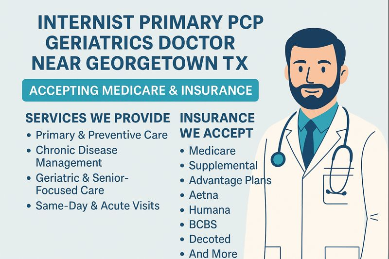 Accepting Medicare, medicare supplemental, advantage plans like Aetna, Humana, BCBS, UHC, Devoted and more by your Internist Primary PCP Geriatrics Doctor Near Georgetown TX