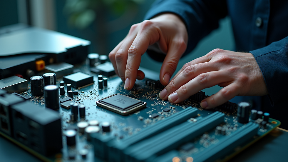 Eye-level view of a technician inspecting a computer motherboard