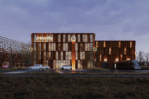 Komerční budova s cortenovou fasádou, administrativní architektura