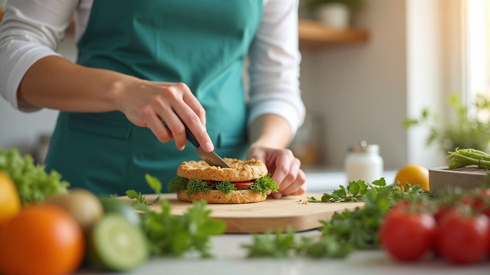 Close-up view of a caregiver preparing a healthy meal in a bright kitchen