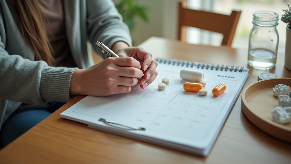 High angle view of a caregiver organizing medication and a daily planner on a kitchen table