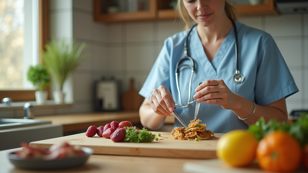 Close-up view of a caregiver preparing a nutritious meal in a home kitchen