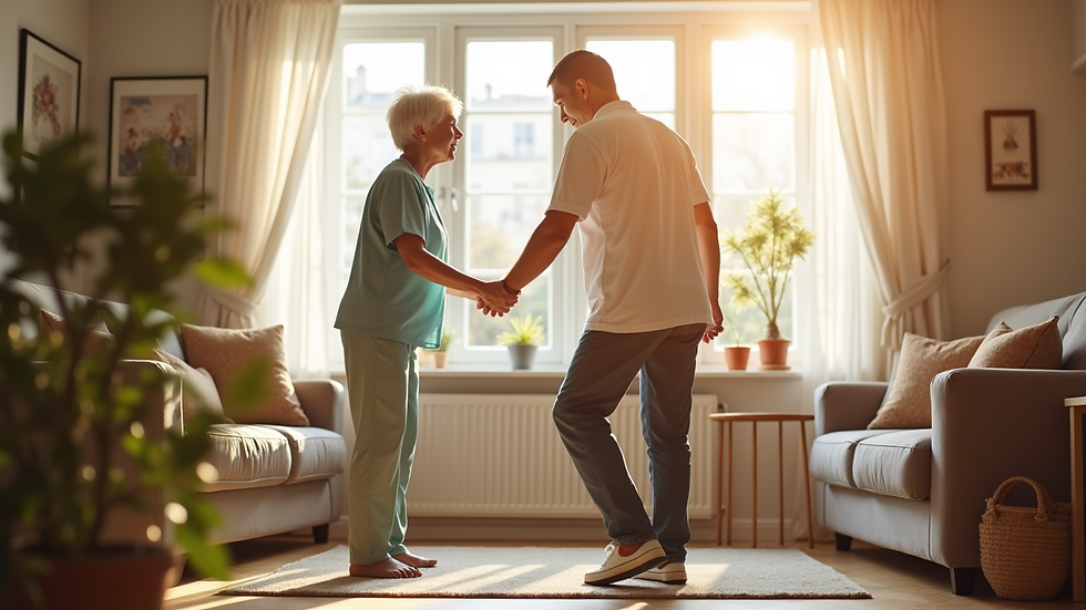 Close-up view of a caregiver assisting an elderly person with walking in a sunlit living room