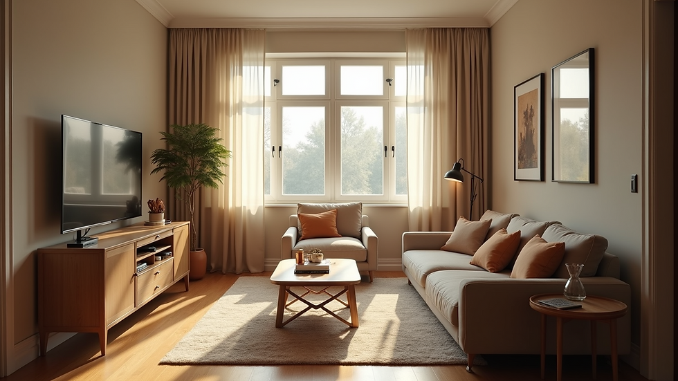 High angle view of a cozy living room with comfortable seating and natural light