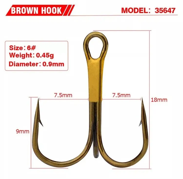 50 Pack Super Strong 3X Bronze Treble Hooks - Size 16 For Fishing Lures & Rigs