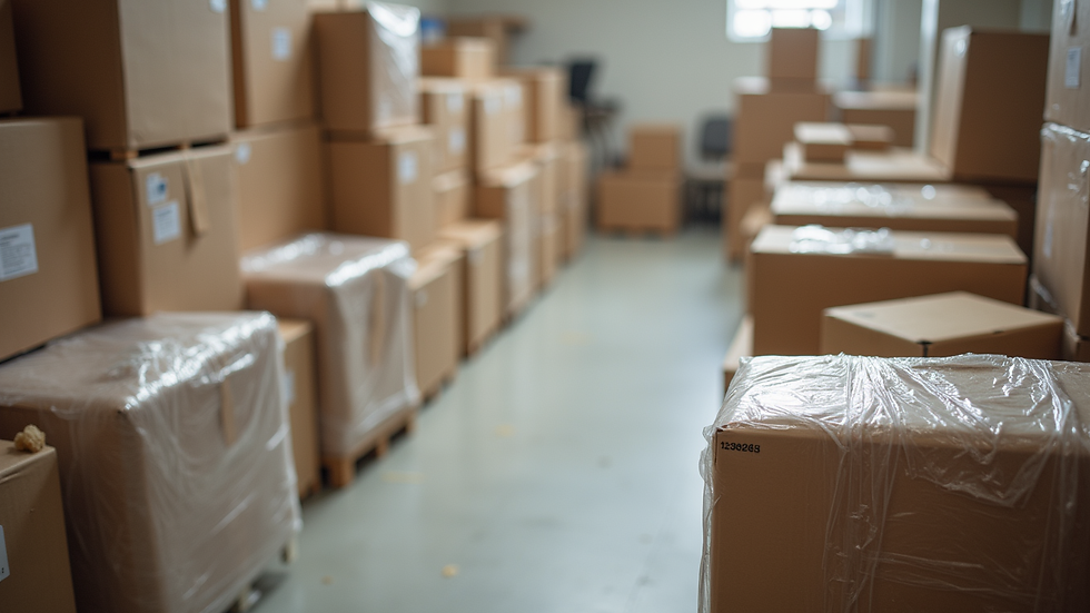 Eye-level view of neatly packed furniture parts with bubble wrap and labels