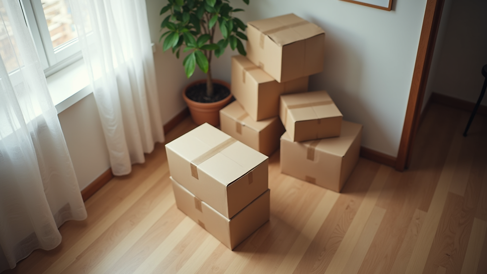 High angle view of packed moving boxes stacked in a living room