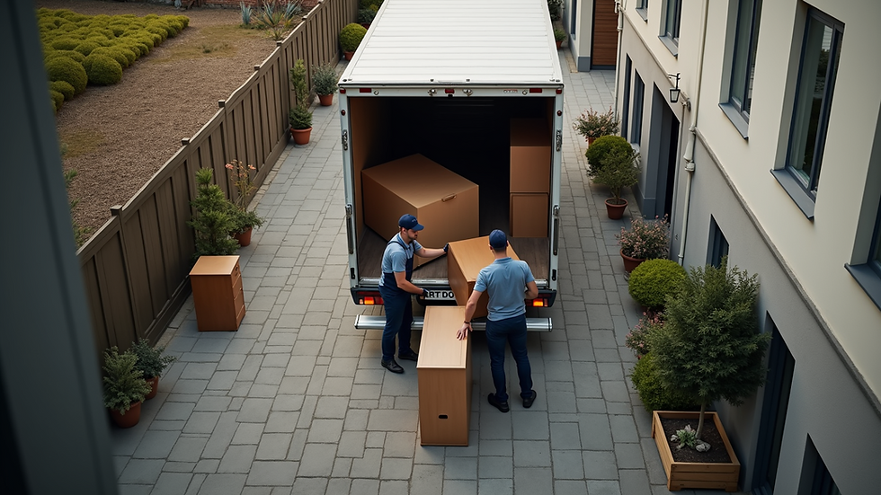 High angle view of a removalist team loading furniture into a moving truck