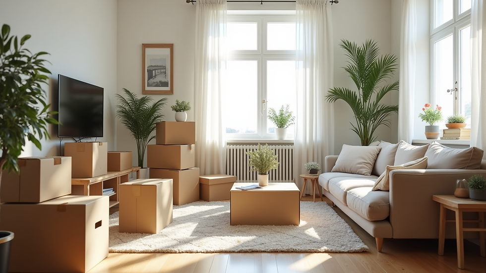 Wide angle view of a bright and organised new living room with unpacked boxes