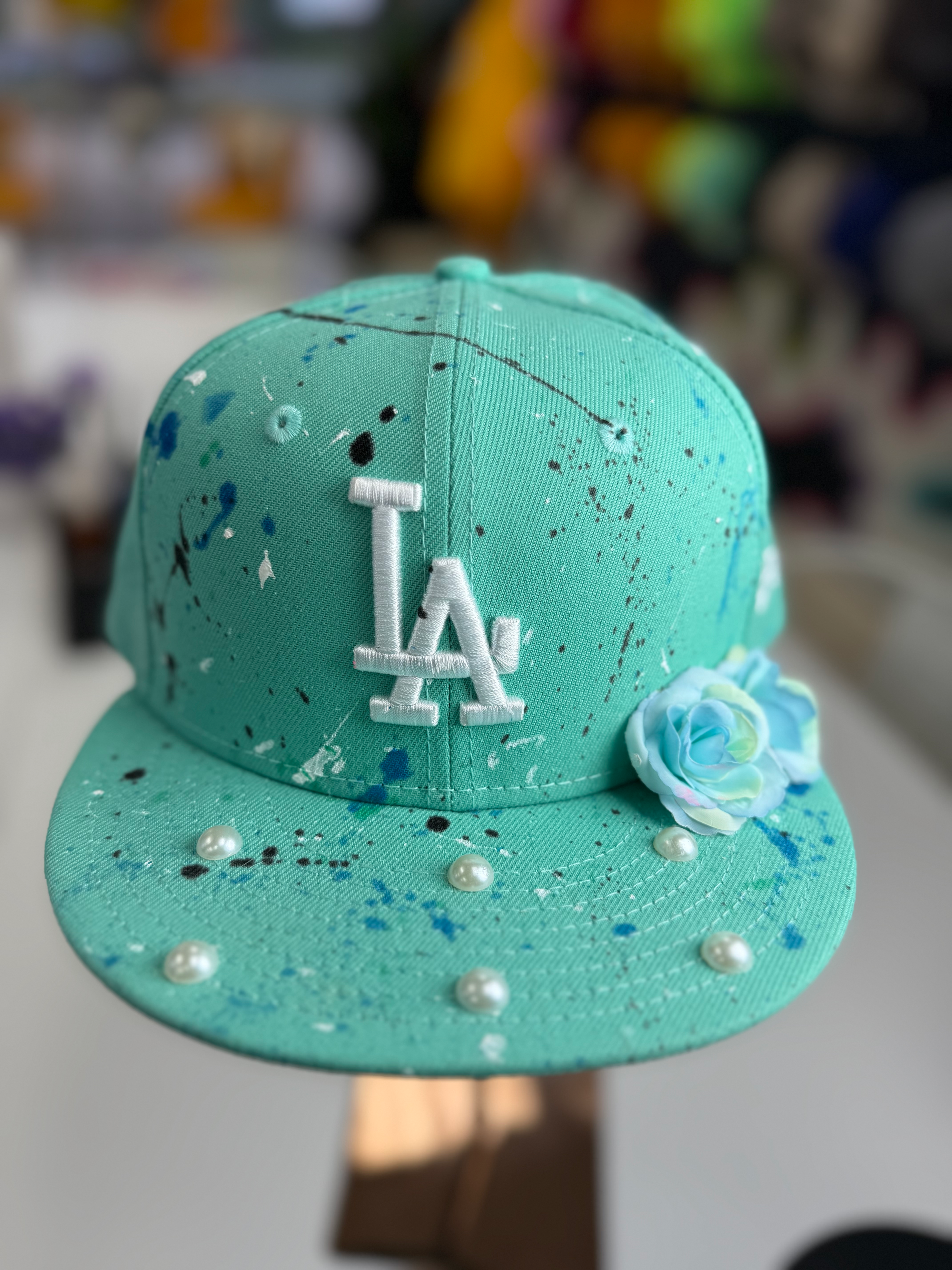 LA Custom Hat- Pearls- Teal