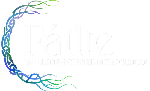 Fáilte Waldorf Microschool Logo text in white with vines arching around it