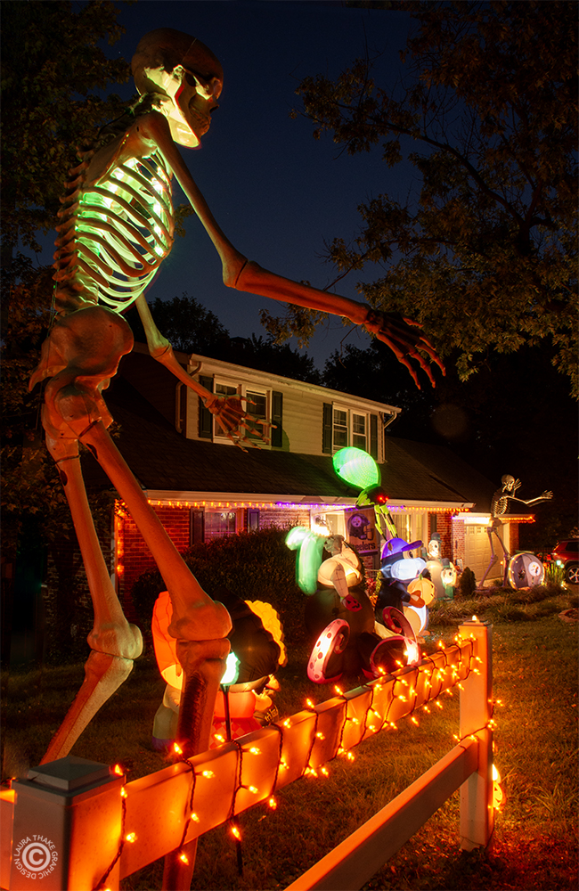 Two 12 foot tall skeletons decorate the yard of this house on Holiday Light Hopping.