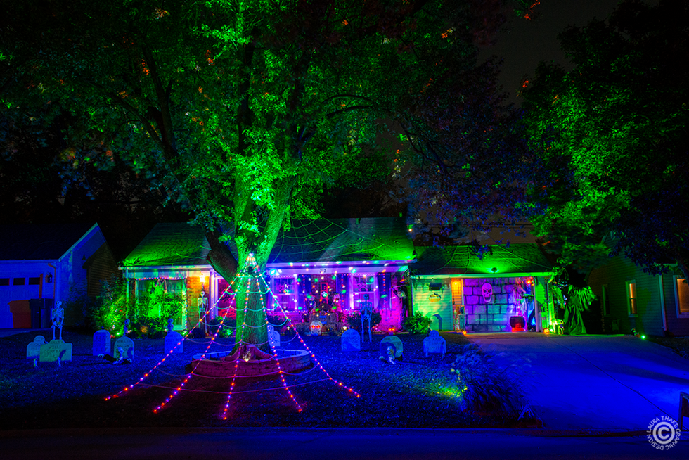Halloween decorations covering a house and yard in O'Fallon Illinois.