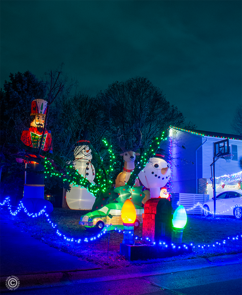 The 20' tall inflatables and fun lights are still on the left side of the house.