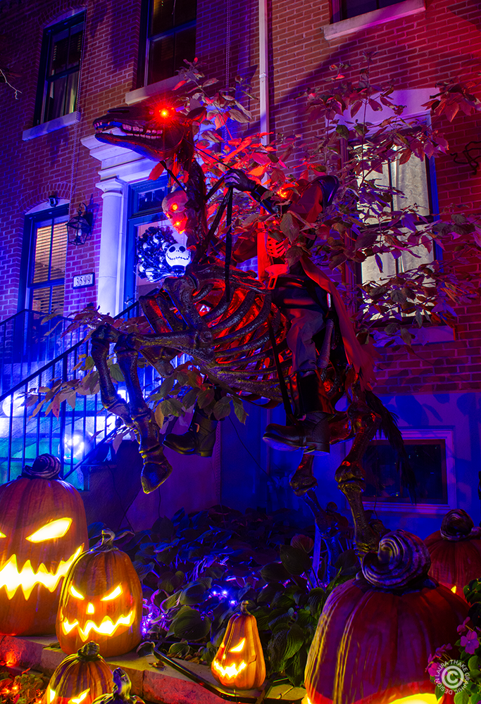 A headless horseman atop his full sized steed will talk and move when you get close.
