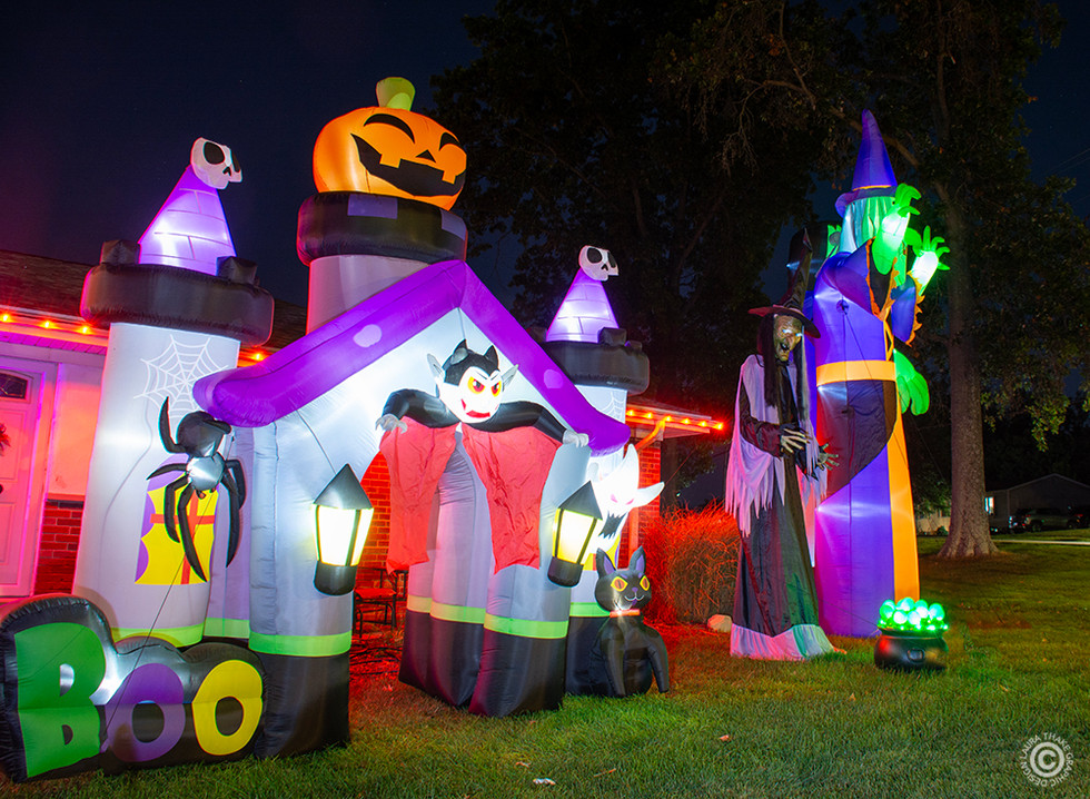 The inflatable haunted house greets you at the front door.