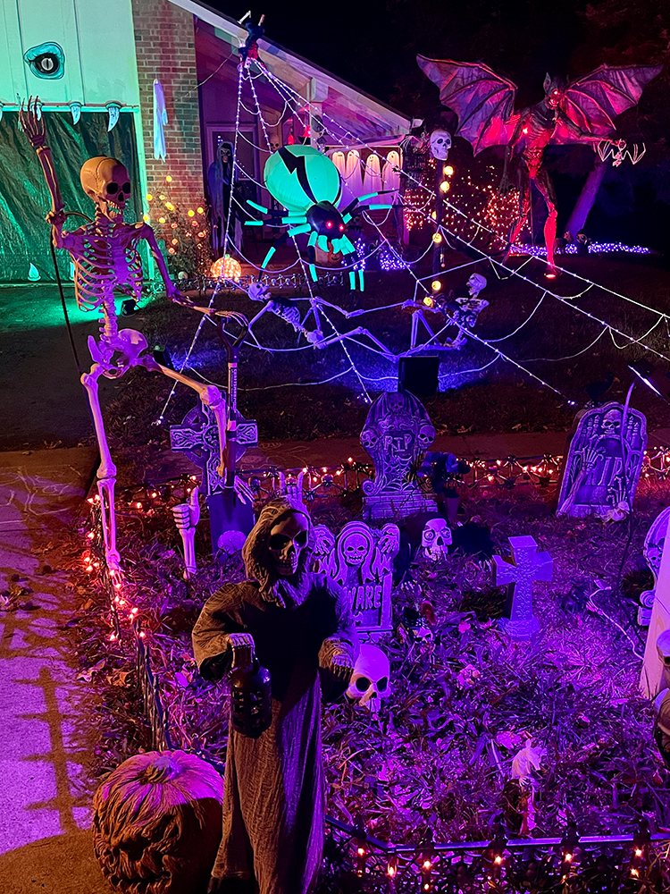 A giant Halloween spider web full of creepy crawly creatures.