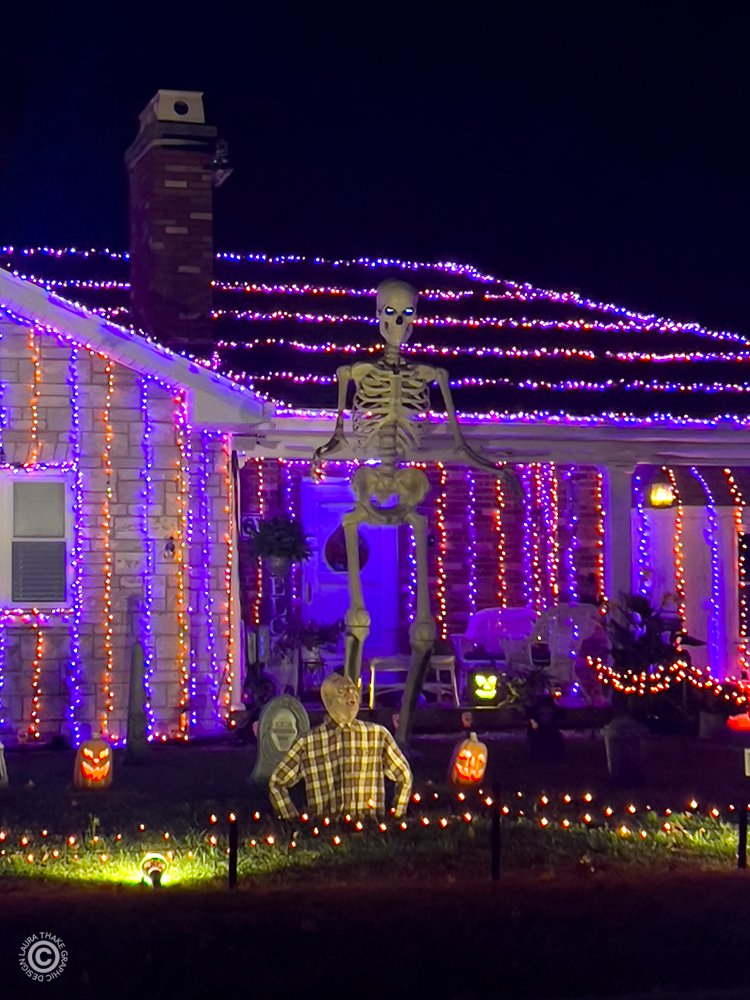 Skelly and graves for Halloween on Holiday Light Hopping.